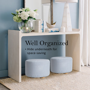 Fabric Ottoman Round Wooden Leg Foot Stool | LIGHT BLUE