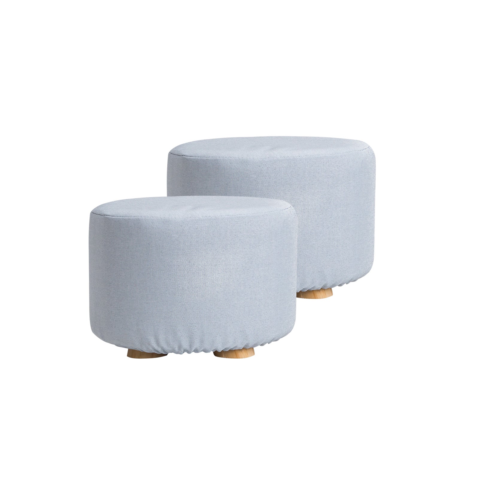 2X Fabric Ottoman Round Wooden Leg Foot Stool | LIGHT BLUE