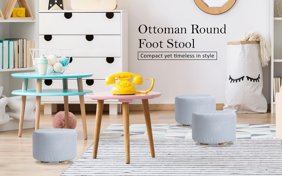 2X Fabric Ottoman Round Wooden Leg Foot Stool | LIGHT BLUE