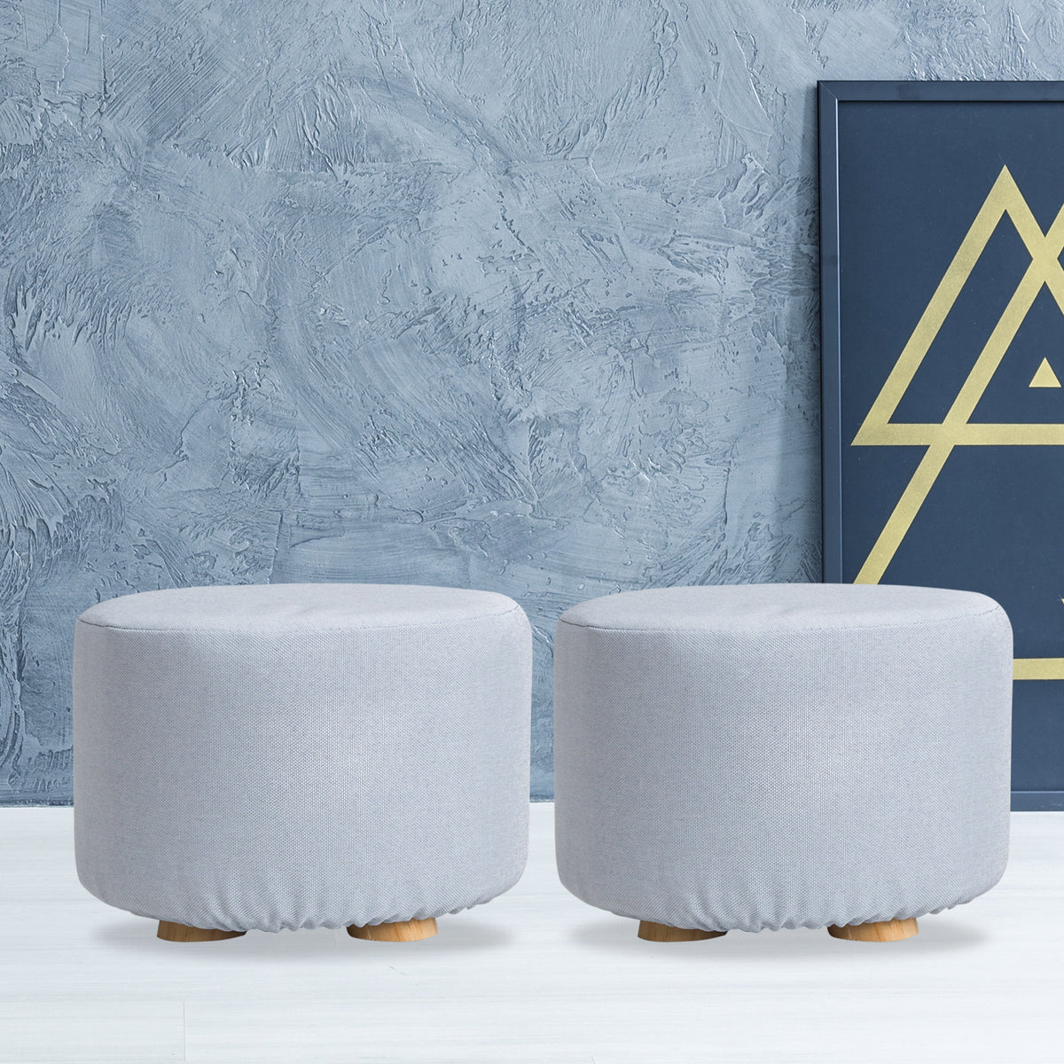 2X Fabric Ottoman Round Wooden Leg Foot Stool | LIGHT BLUE