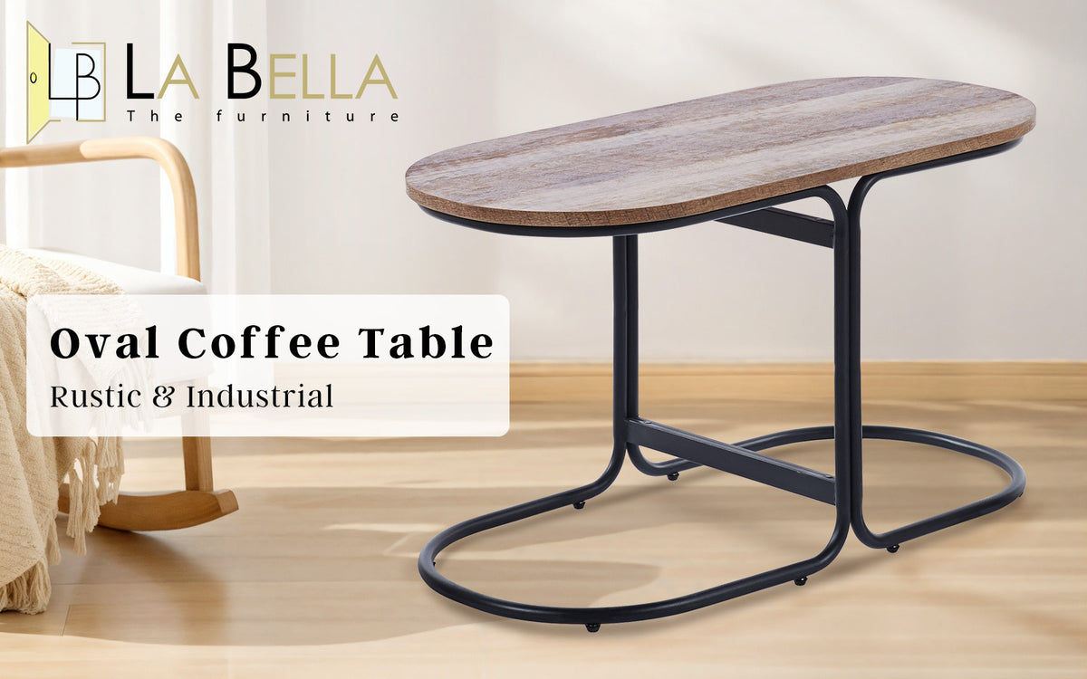 Coffee Table | Oval Wooden Top | Iron Metal Base | Side End Table | Brown Finish