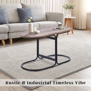 Coffee Table | Oval Wooden Top | Iron Metal Base | Side End Table | Brown Finish