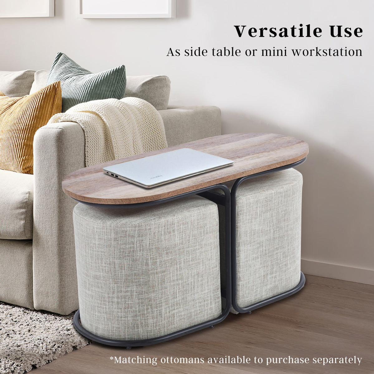 Coffee Table | Oval Wooden Top | Iron Metal Base | Side End Table | Brown Finish