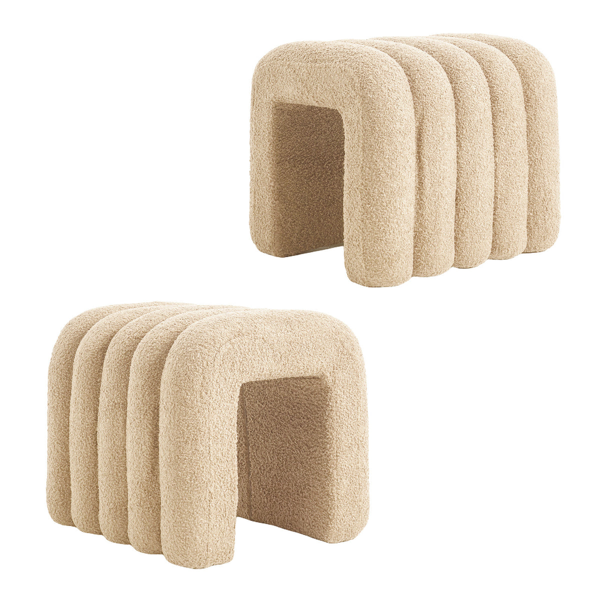 2X Ridge Arch Ottoman Stool | Teddy Fleece Fabric Foot Rest | 45cm | Beige