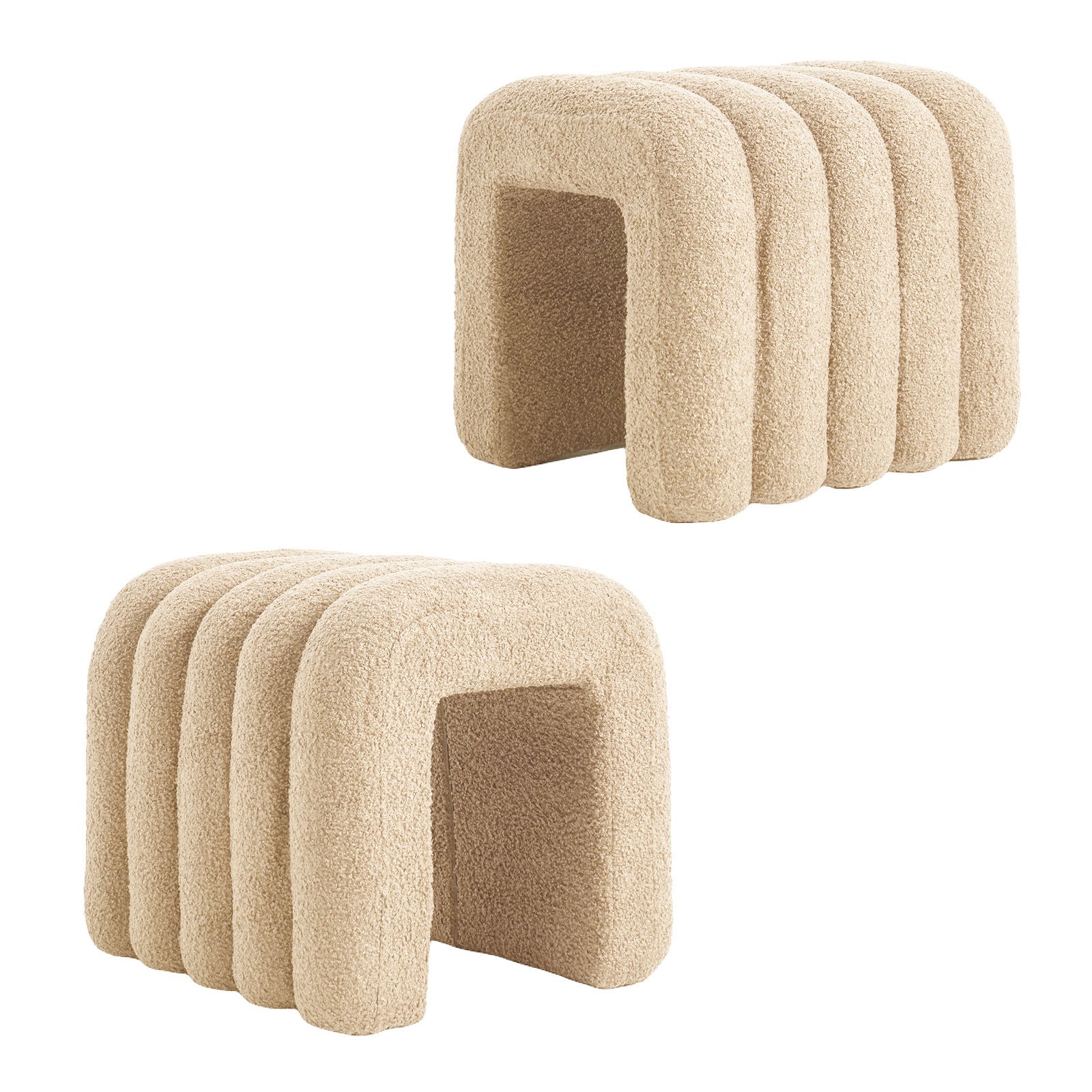 2X Ridge Arch Ottoman Stool | Teddy Fleece Fabric Foot Rest | 45cm | Beige