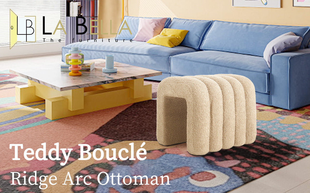 2X Ridge Arch Ottoman Stool | Teddy Fleece Fabric Foot Rest | 45cm | Beige