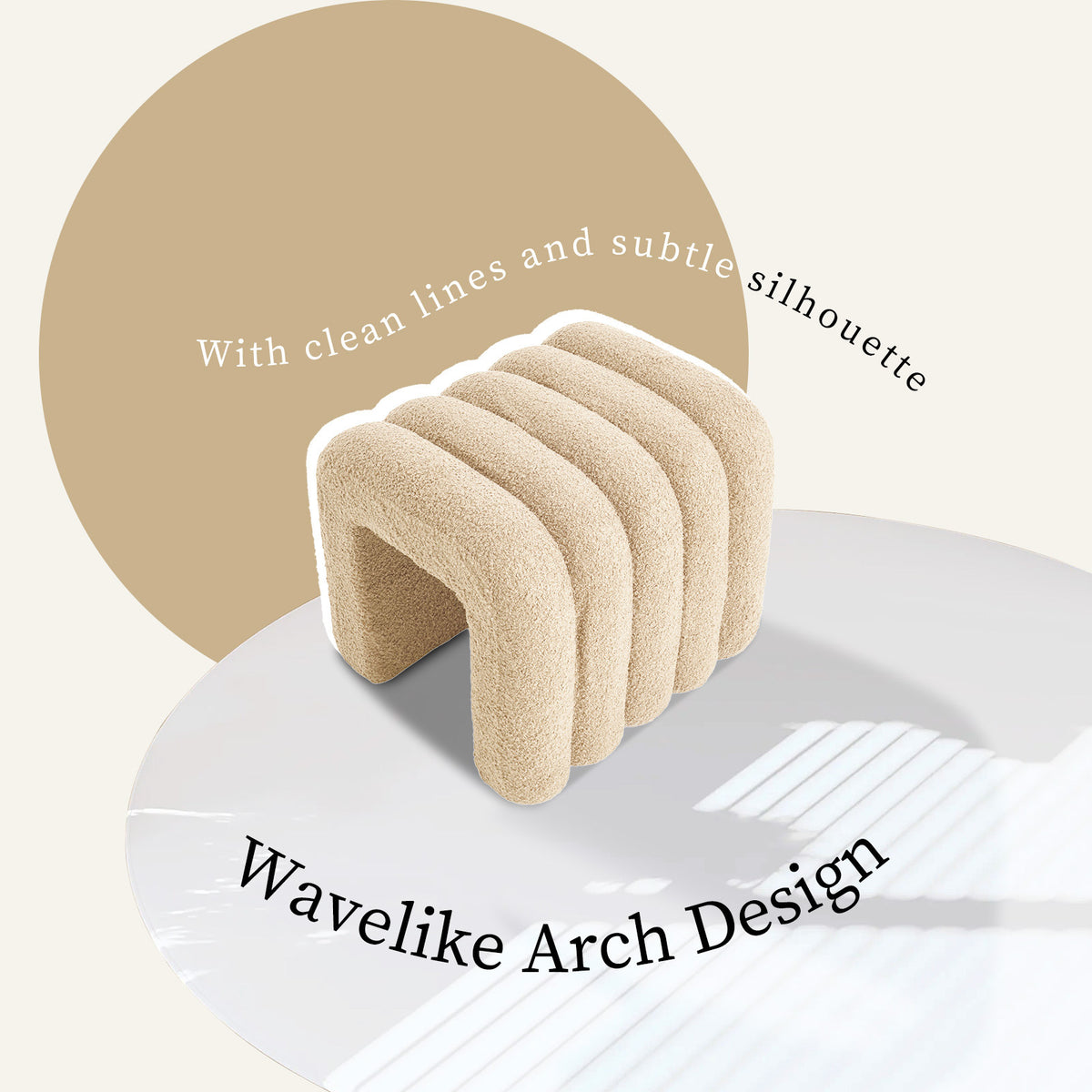 2X Ridge Arch Ottoman Stool | Teddy Fleece Fabric Foot Rest | 45cm | Beige