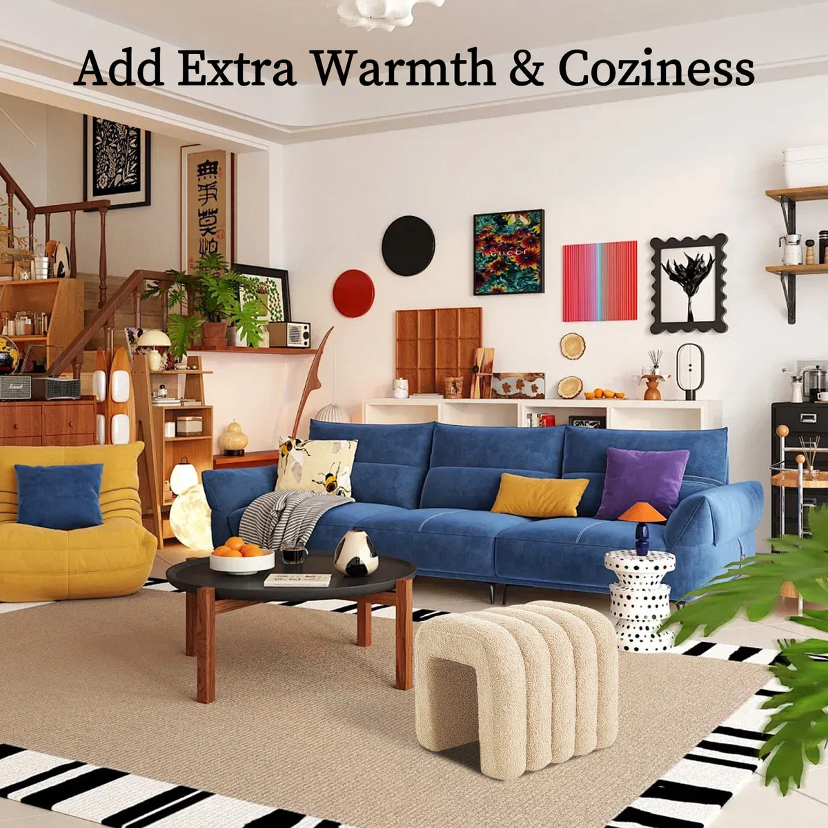 2X Ridge Arch Ottoman Stool | Teddy Fleece Fabric Foot Rest | 45cm | Beige