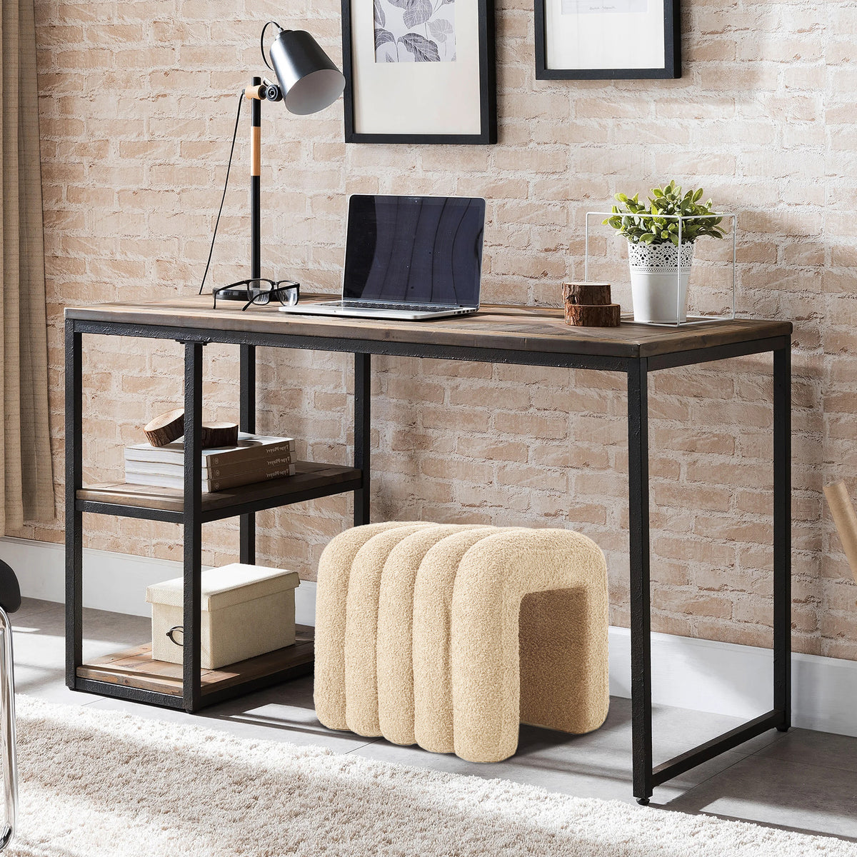 2X Ridge Arch Ottoman Stool | Teddy Fleece Fabric Foot Rest | 45cm | Beige