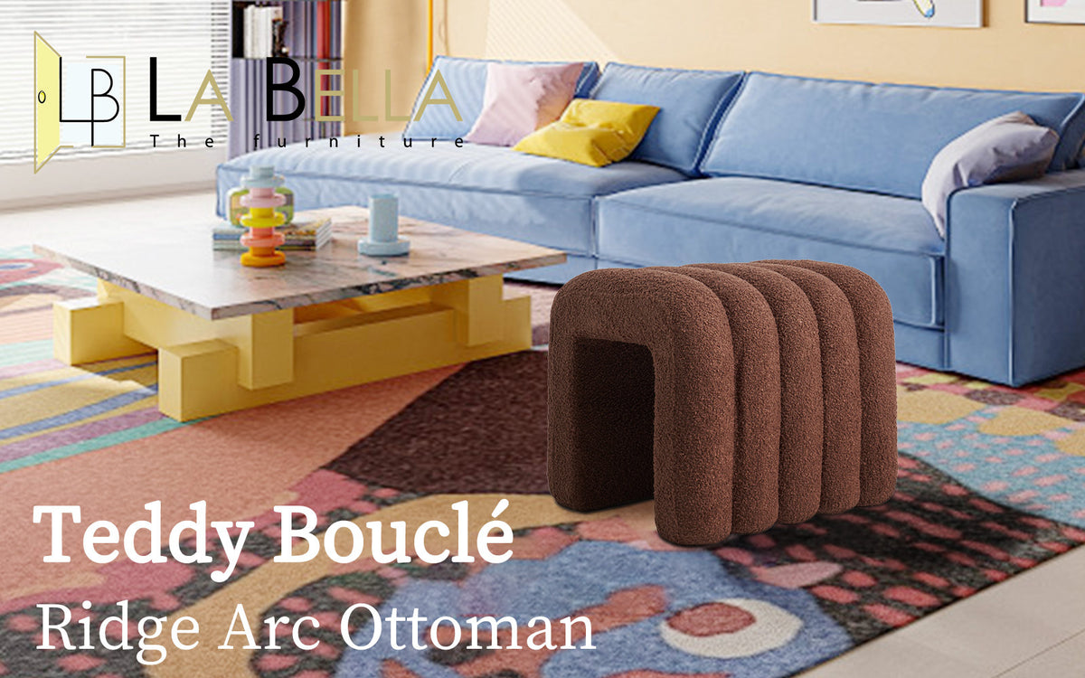 Ridge Arch Ottoman Stool | Teddy Fleece Fabric Foot Rest | 45cm | Brown