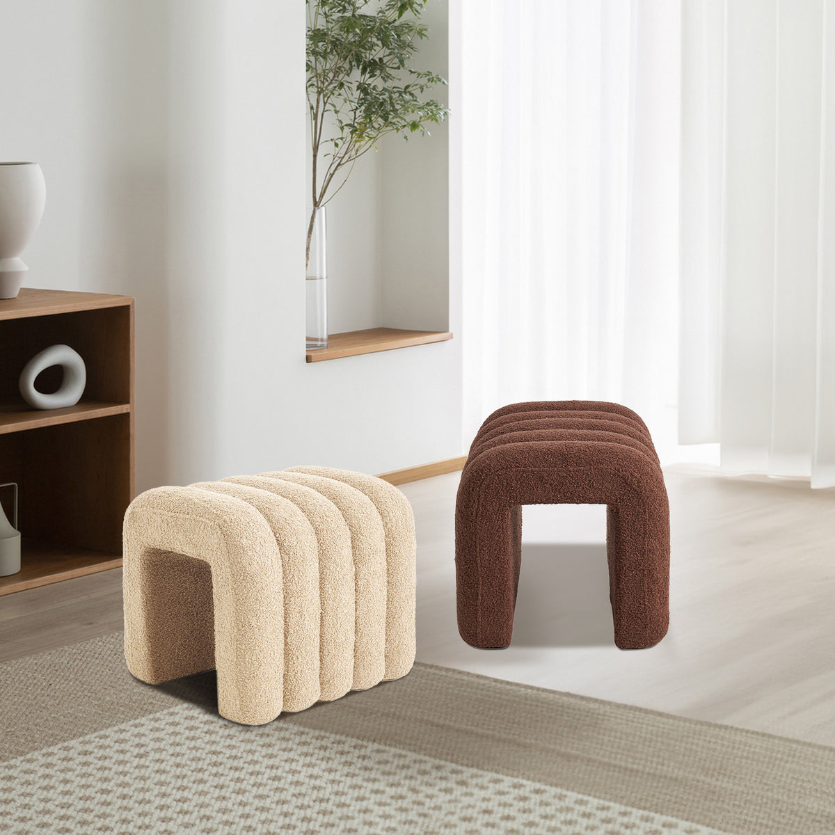 Ridge Arch Ottoman Stool | Teddy Fleece Fabric Foot Rest | 45cm | Brown