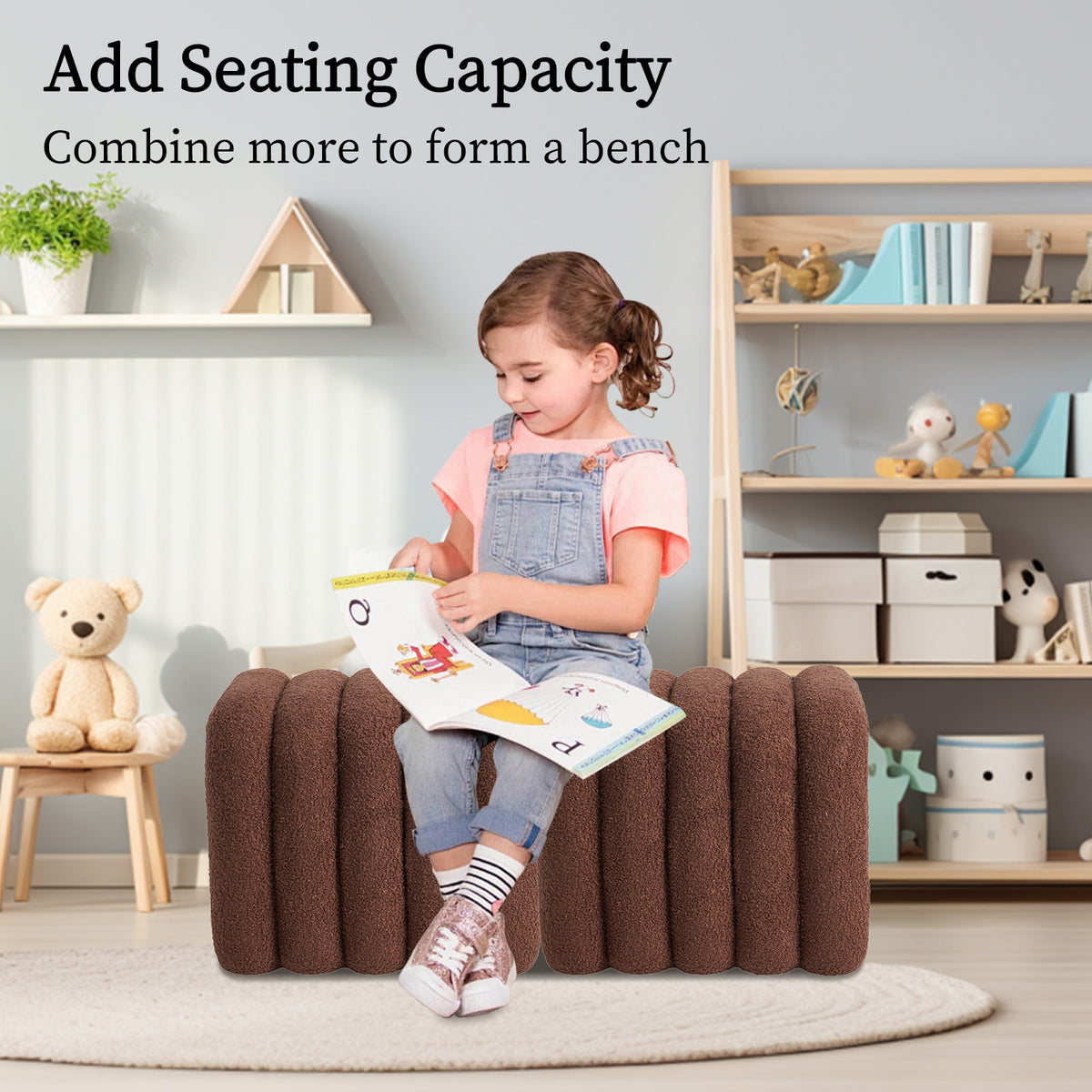 Ridge Arch Ottoman Stool | Teddy Fleece Fabric Foot Rest | 45cm | Brown