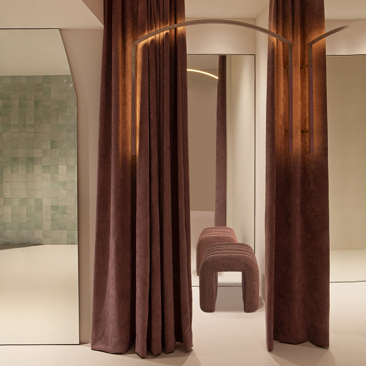 Ridge Arch Ottoman Stool | Teddy Fleece Fabric Foot Rest | 45cm | Brown