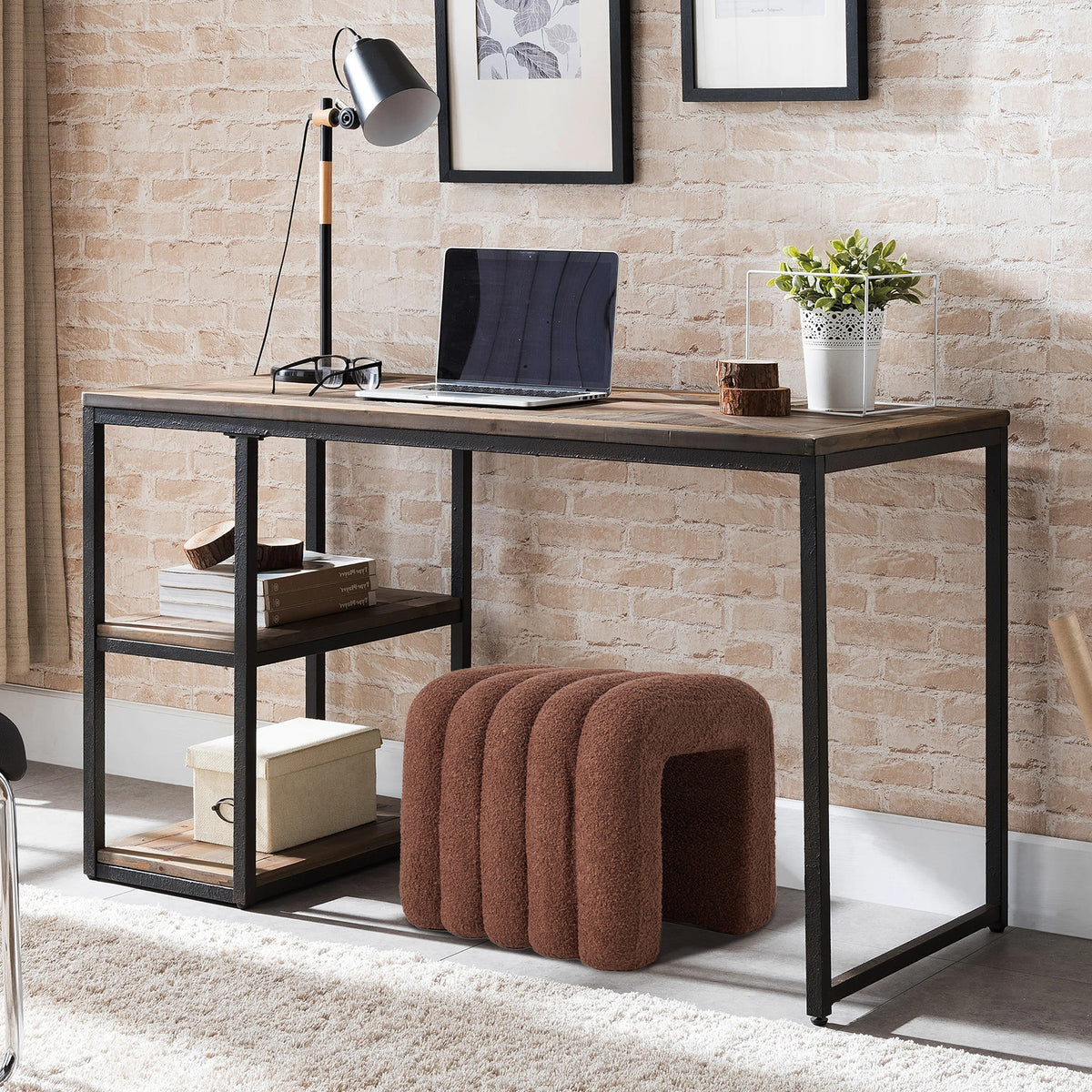 Ridge Arch Ottoman Stool | Teddy Fleece Fabric Foot Rest | 45cm | Brown