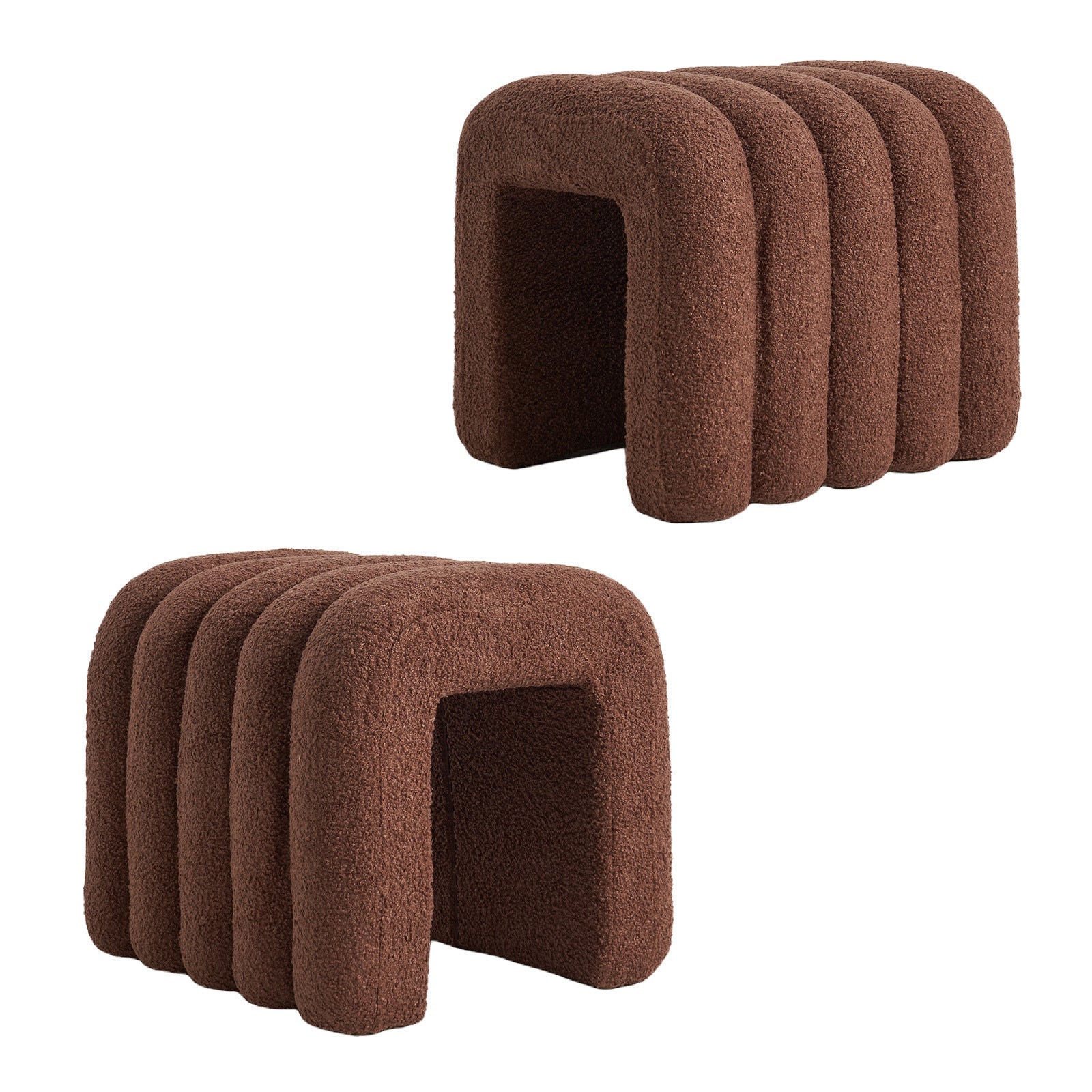2X Ridge Arch Ottoman Stool | Teddy Fleece Fabric Foot Rest | 45cm | Brown