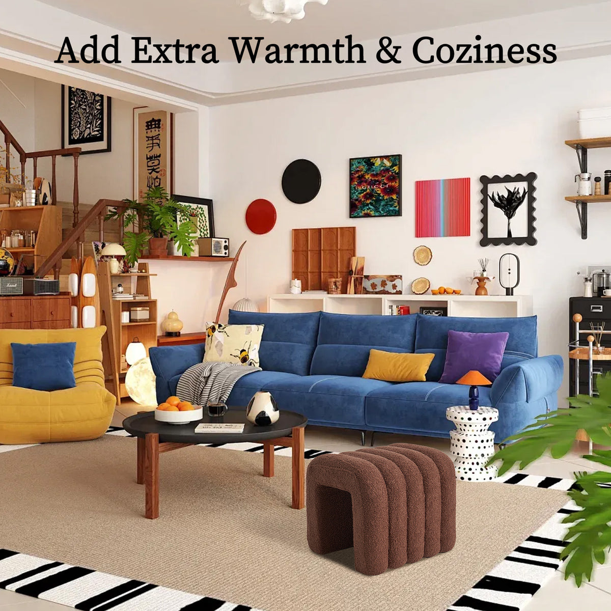 2X Ridge Arch Ottoman Stool | Teddy Fleece Fabric Foot Rest | 45cm | Brown