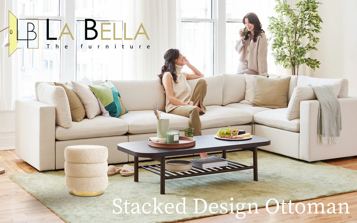 Round Stacked Ottoman Stool | Teddy Fleece Fabric Foot Rest | 38cm | Beige