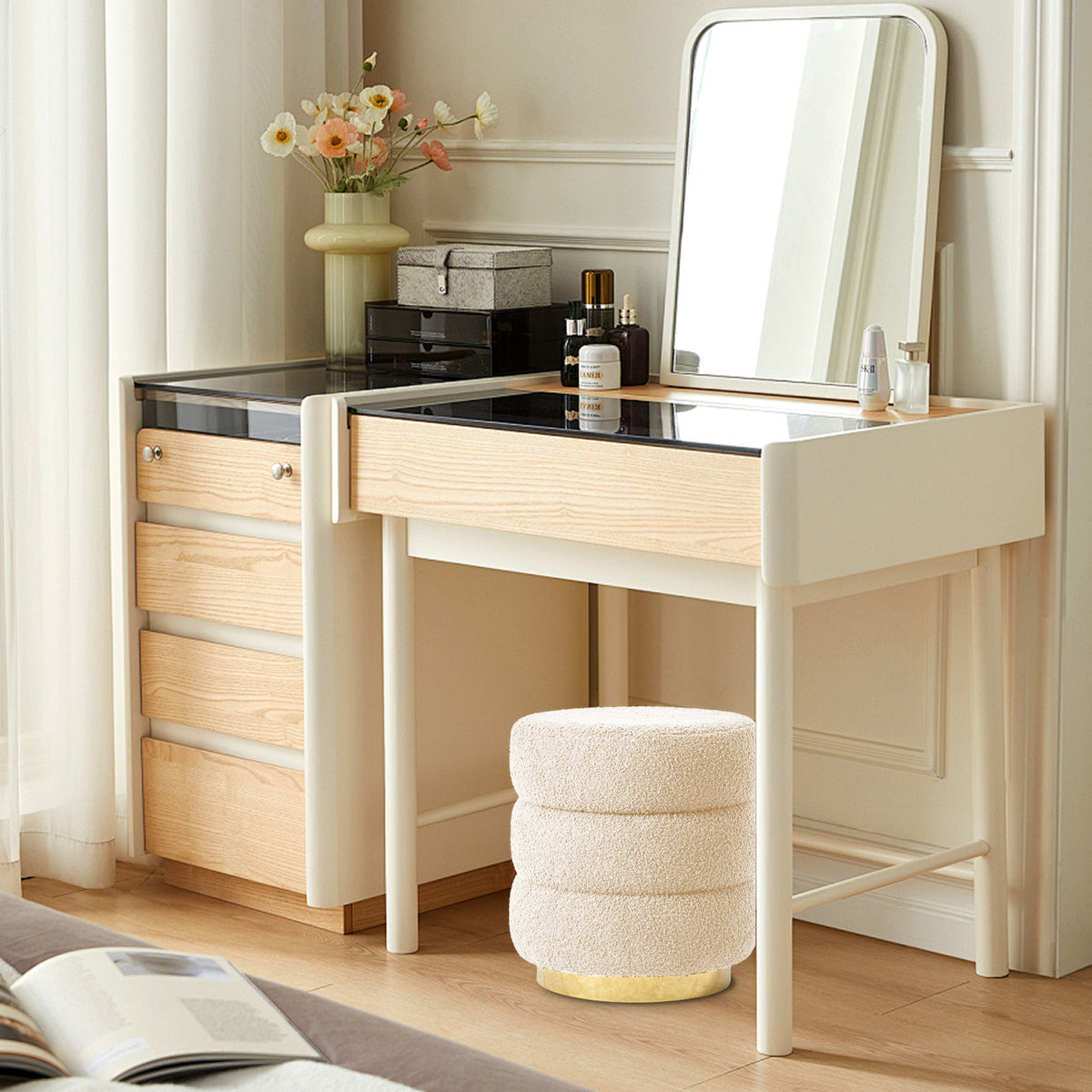 Round Stacked Ottoman Stool | Teddy Fleece Fabric Foot Rest | 38cm | Beige