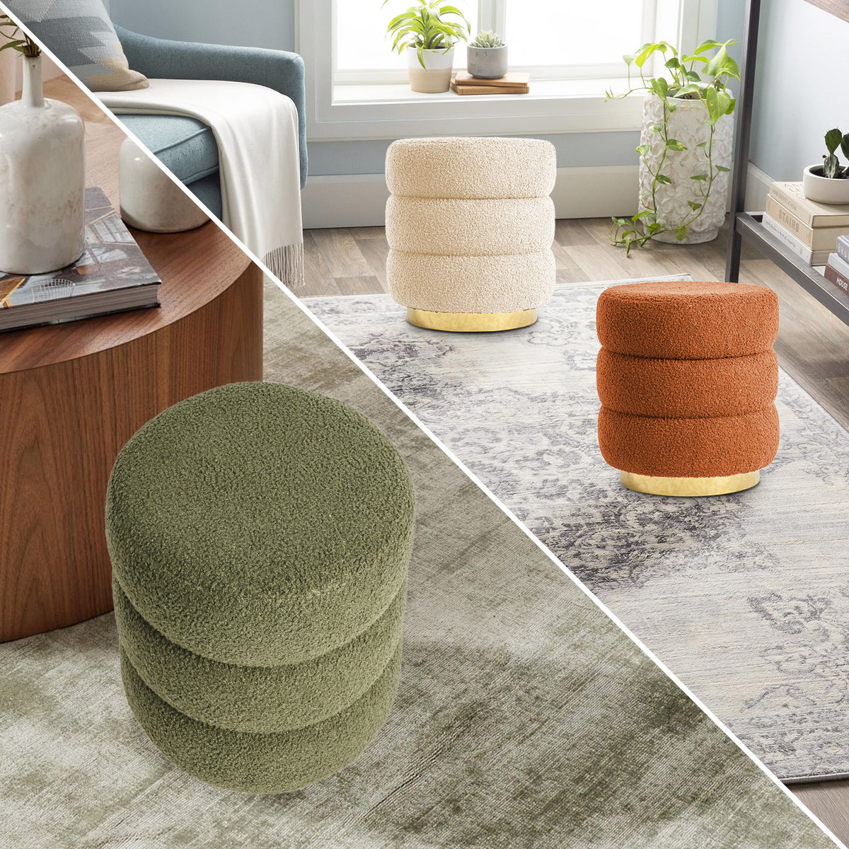 Round Stacked Ottoman Stool | Teddy Fleece Fabric Foot Rest | 38cm | Beige