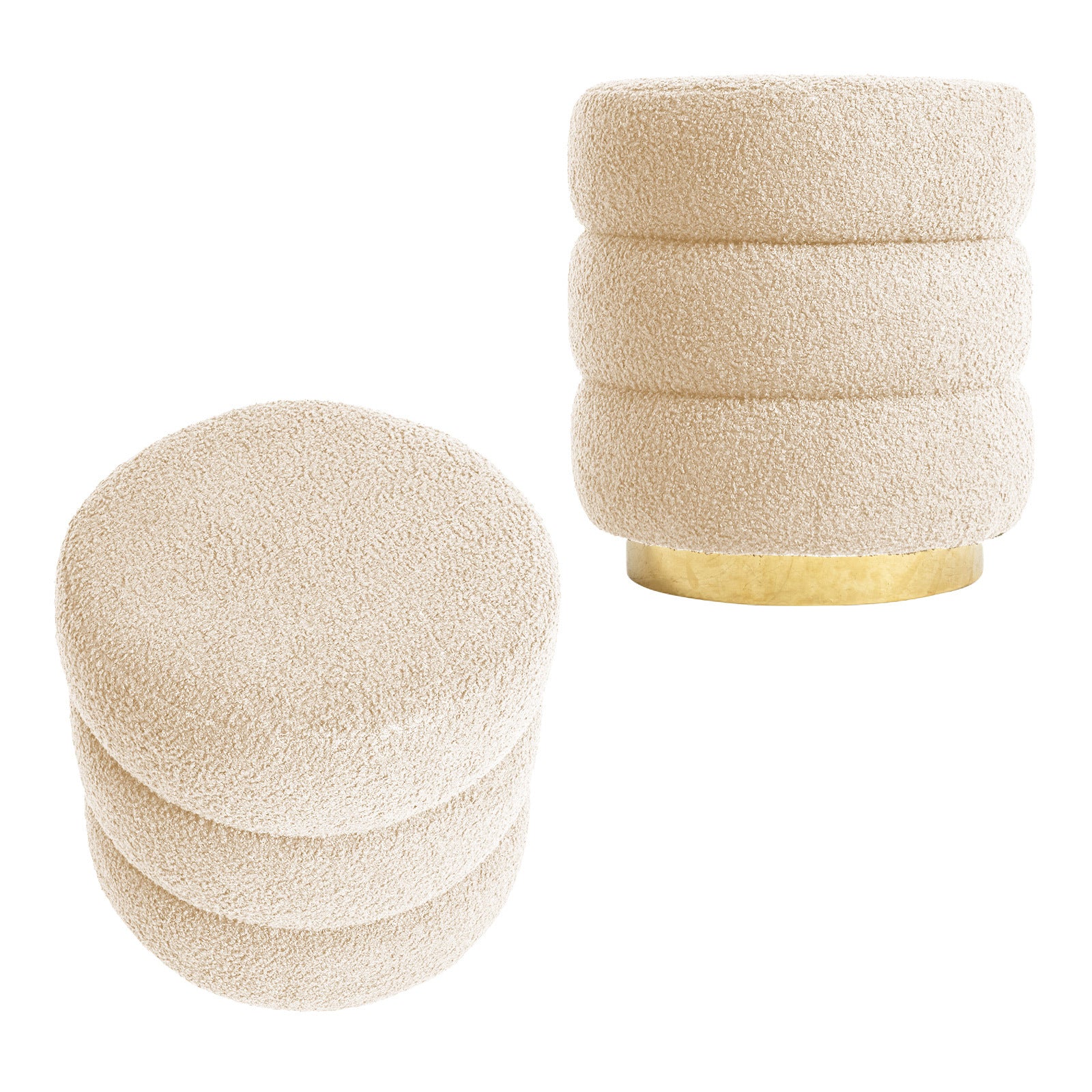 2X Round Stacked Ottoman Stool | Teddy Fleece Fabric Foot Rest | 38cm | Beige