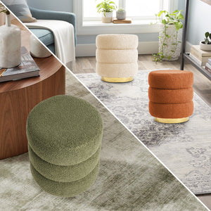 2X Round Stacked Ottoman Stool | Teddy Fleece Fabric Foot Rest | 38cm | Beige