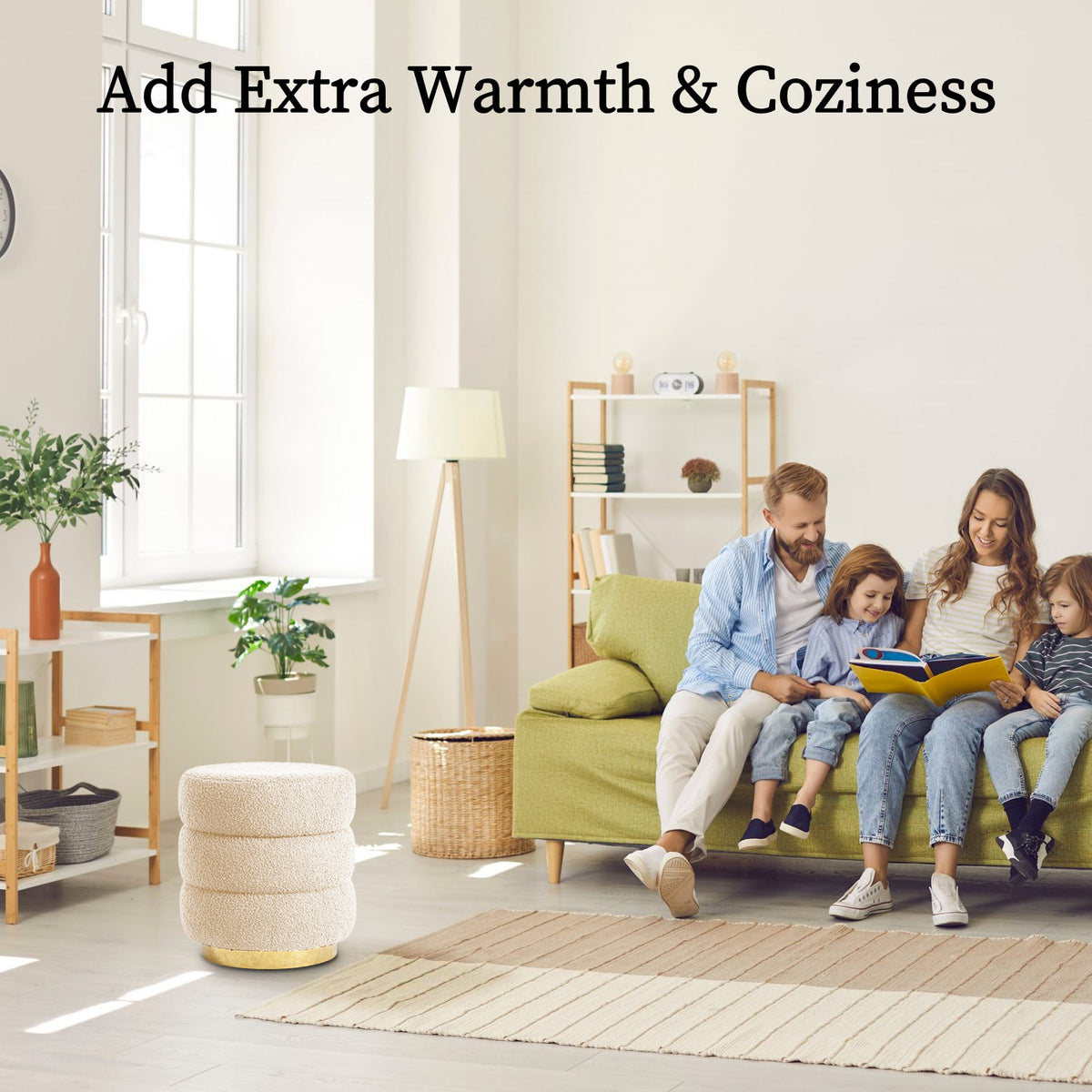 2X Round Stacked Ottoman Stool | Teddy Fleece Fabric Foot Rest | 38cm | Beige