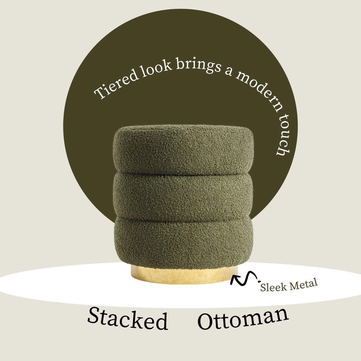 Round Stacked Ottoman Stool | Teddy Fleece Fabric Foot Rest | 38cm | Green