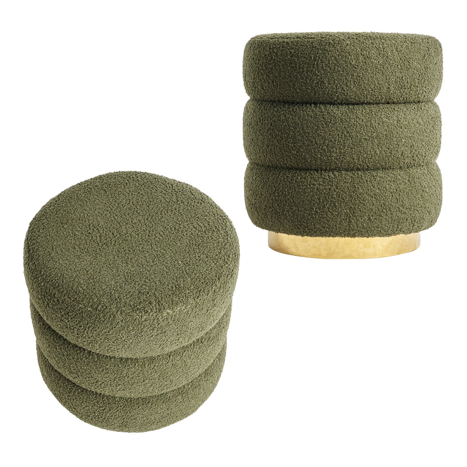 2X Round Stacked Ottoman Stool | Teddy Fleece Fabric Foot Rest | 38cm | Green