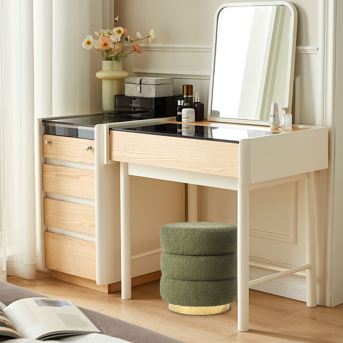 2X Round Stacked Ottoman Stool | Teddy Fleece Fabric Foot Rest | 38cm | Green