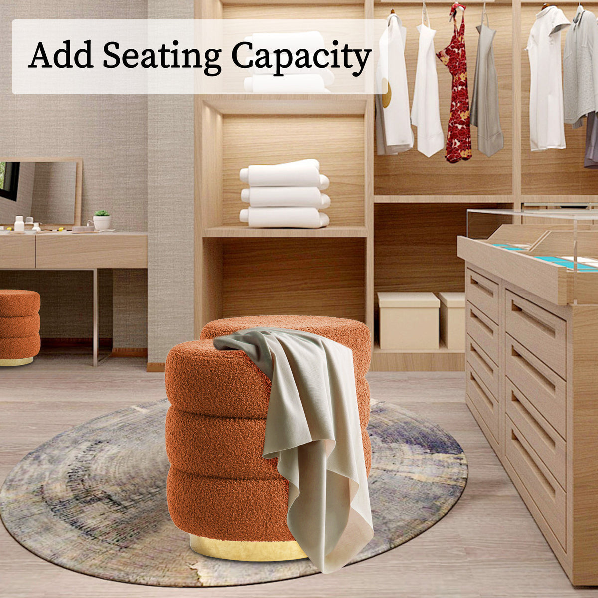 Round Stacked Ottoman Stool | Teddy Fleece Fabric Foot Rest | 38cm | Orange