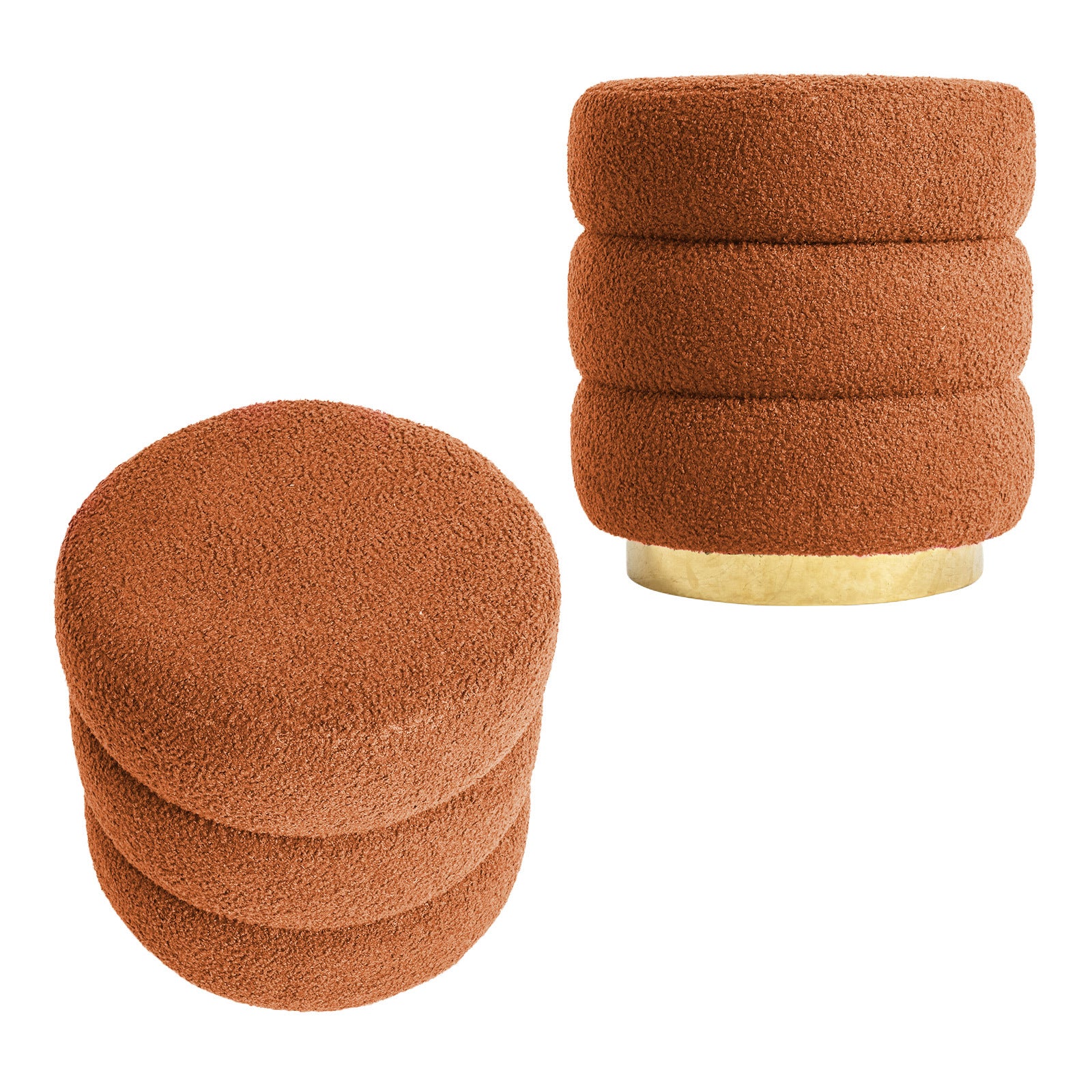 2X Round Stacked Ottoman Stool | Teddy Fleece Fabric Foot Rest | 38cm | Orange