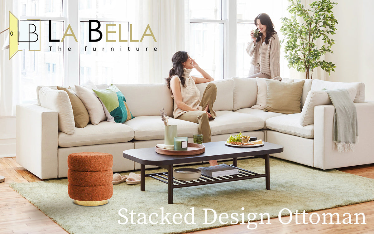 2X Round Stacked Ottoman Stool | Teddy Fleece Fabric Foot Rest | 38cm | Orange