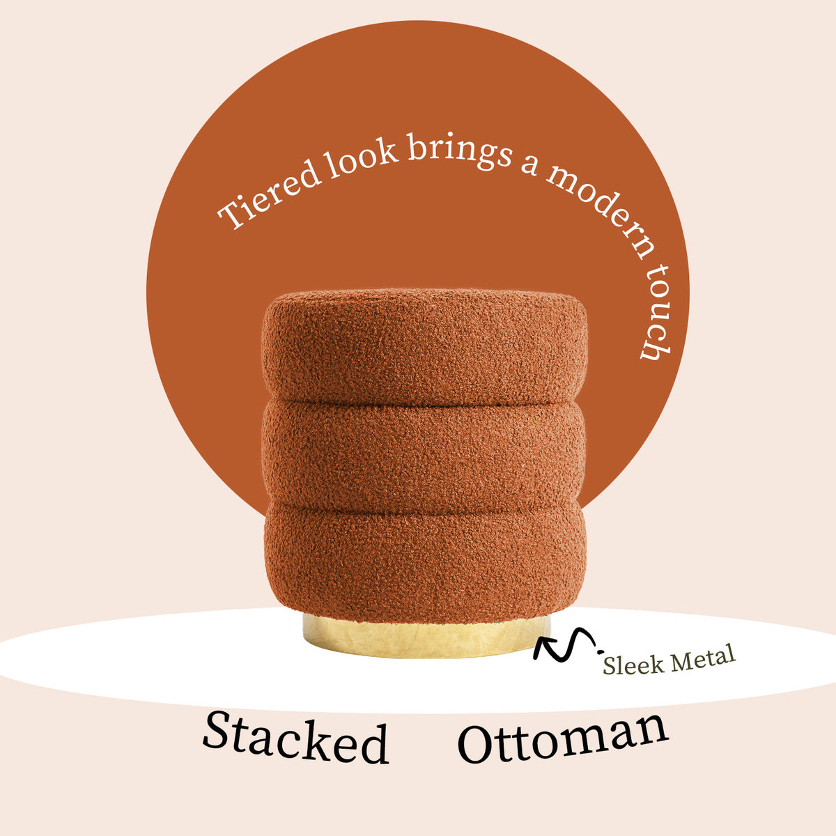 2X Round Stacked Ottoman Stool | Teddy Fleece Fabric Foot Rest | 38cm | Orange