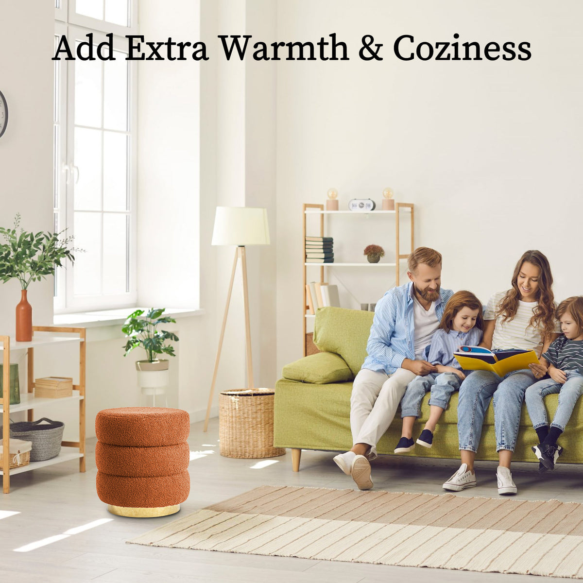 2X Round Stacked Ottoman Stool | Teddy Fleece Fabric Foot Rest | 38cm | Orange