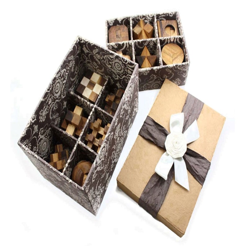 12 Puzzle Brain Teaser Interlocking Wooden Puzzle Set in Deluxe Gift Box | For Kids or Adults