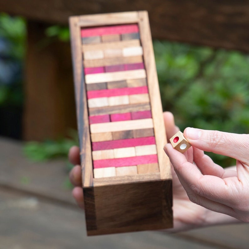 Stacking Tumbling Blocks | Red Wooden Balance Game with Dice Play Options | Handmade | Ages 4+