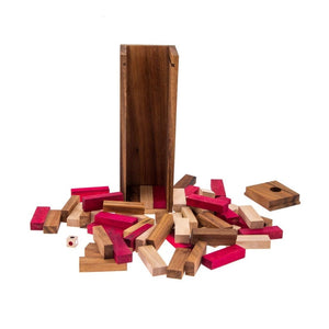 Stacking Tumbling Blocks | Red Wooden Balance Game with Dice Play Options | Handmade | Ages 4+