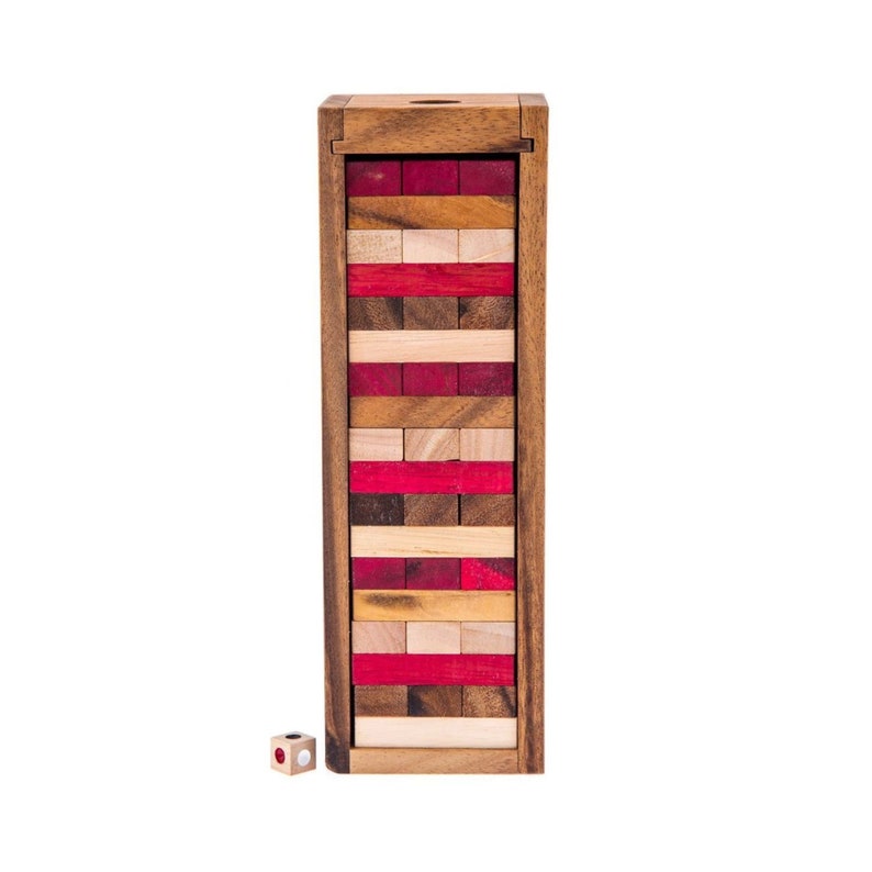 Stacking Tumbling Blocks | Red Wooden Balance Game with Dice Play Options | Handmade | Ages 4+