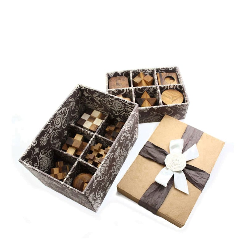 12 Unique Handmade Wooden Puzzles in a Deluxe Gift Box Set | For Kids or Adults