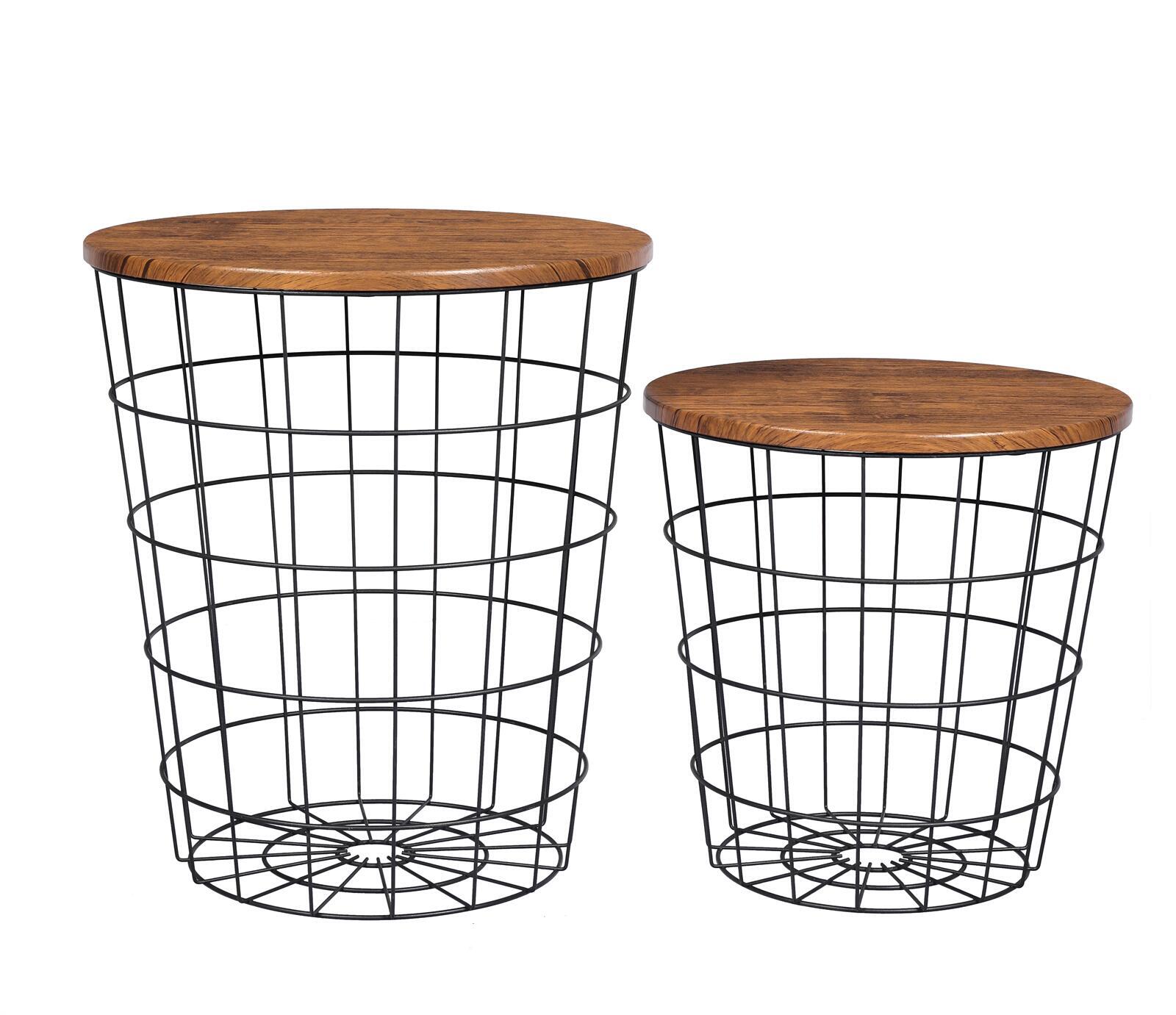 YES4HOMES Vintage Round Coffee Tables | Set of 2 | Side Tables | Robust Steel Frame for Living Room | Bedroom | Rustic Brown and Black