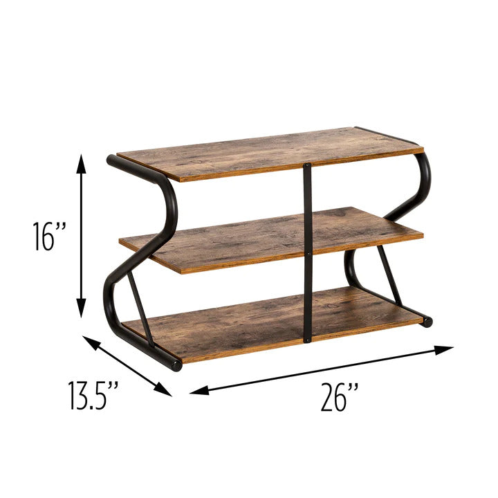 Matte Black Frame Rustic Wood 3-Tier Medium Shoe Rack Shelf Stand | Storage Organizer