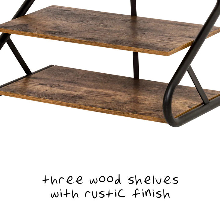 Matte Black Frame Rustic Wood 3-Tier Medium Shoe Rack Shelf Stand | Storage Organizer