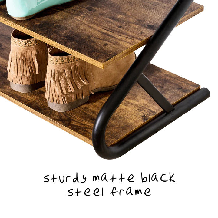 Matte Black Frame Rustic Wood 3-Tier Medium Shoe Rack Shelf Stand | Storage Organizer