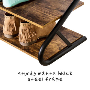 Matte Black Frame Rustic Wood 3-Tier Medium Shoe Rack Shelf Stand | Storage Organizer