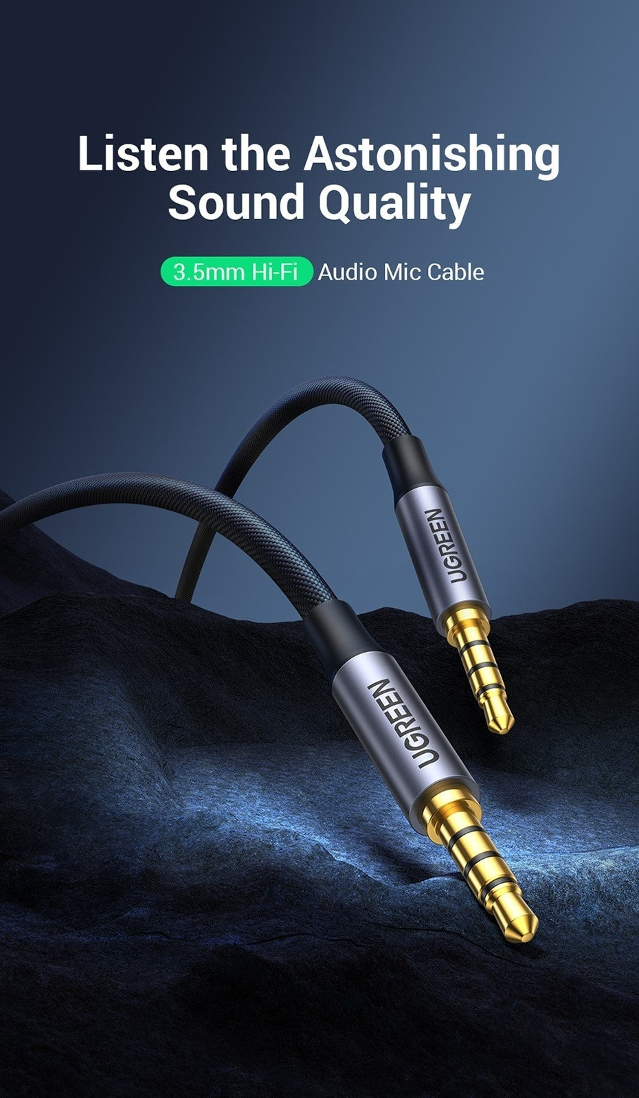 UGREEN 20785 3.5mm Braided 4-Pole Audio Cable | Male to Male | 3m | High-Quality Sound