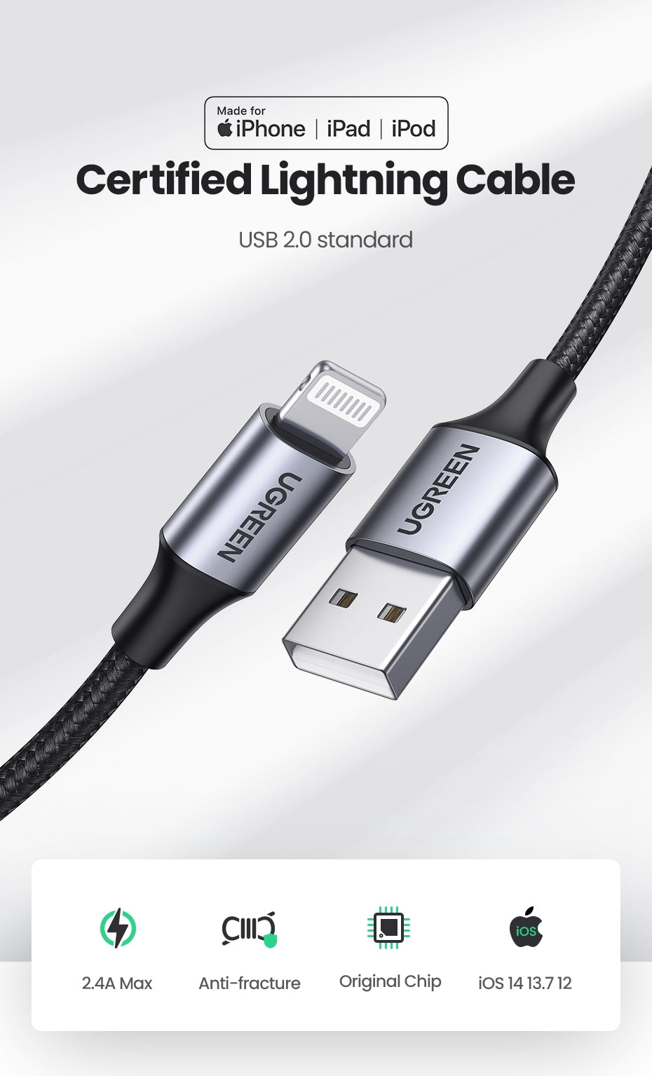 60163 USB-A to 8-pin iPhone Charging Cable | 2M | Silver
