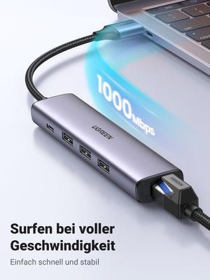 UGREEN 60554 USB 3.0 to Ethernet Adapter | 5 in 1 Multiport Hub | Gigabit RJ45