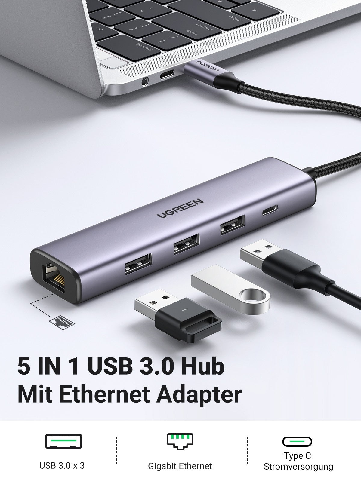 UGREEN 60554 USB 3.0 to Ethernet Adapter | 5 in 1 Multiport Hub | Gigabit RJ45