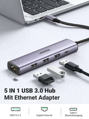 UGREEN 60554 USB 3.0 to Ethernet Adapter | 5 in 1 Multiport Hub | Gigabit RJ45