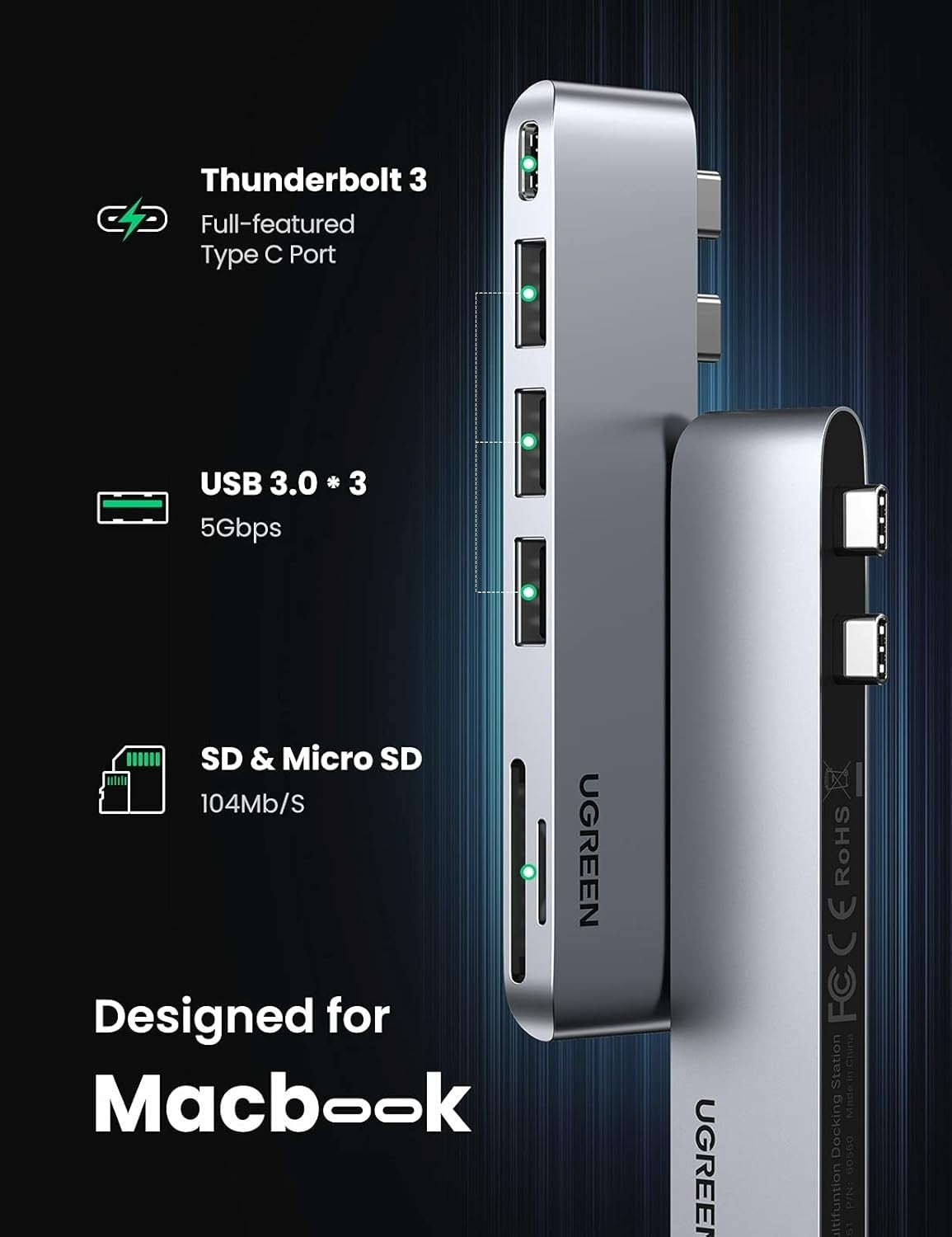 UGREEN 60560 USB-C Hub for MacBook | Aluminum Type-C Adapter | 3 USB 3.0 | 100W